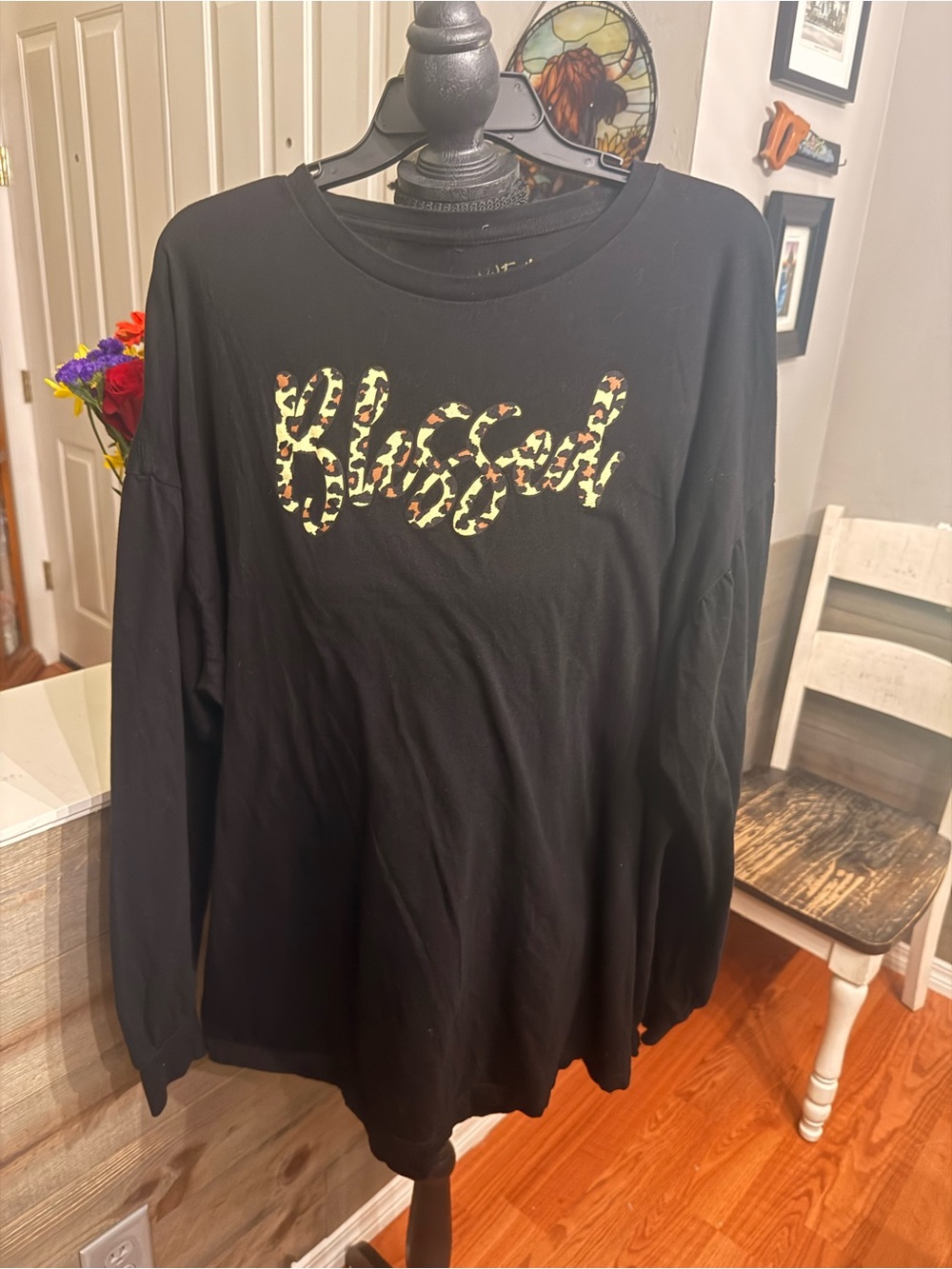 Black Long Sleeve Tee with Neon Leopard Script